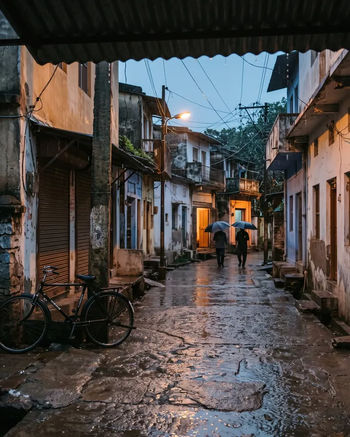 A rain-wet lane at dusk seen from under a tin awning, a bicycle by a pillar, two people walking away under umbrellas.