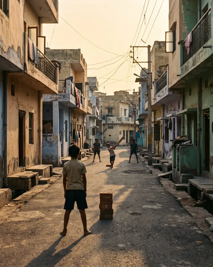 Children playing cricket down a narrow lane in late light, bricks for stumps.