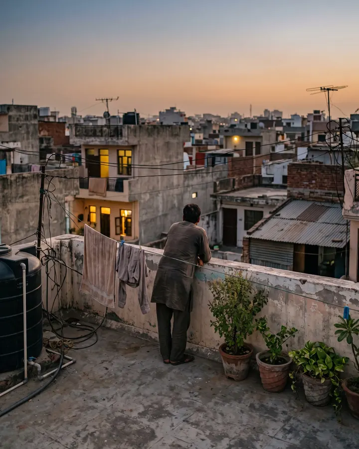 A rooftop at dusk, a man leaning on the parapet beside potted plants, lit windows beyond.