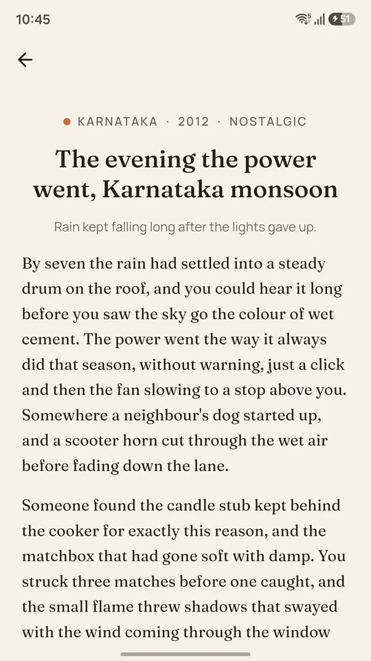 A story memory: The evening the power went, a Karnataka monsoon in 2012.